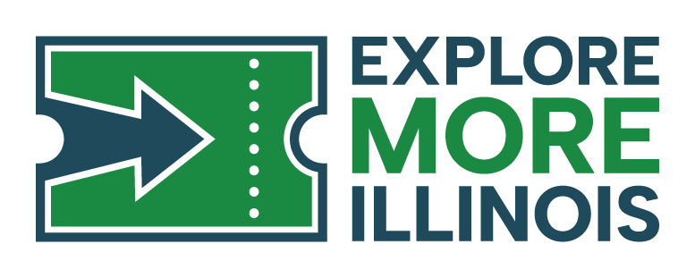 Explore More Illinois Logo A Blue Arrow Pointing Across a Green Field shaped as a ticket